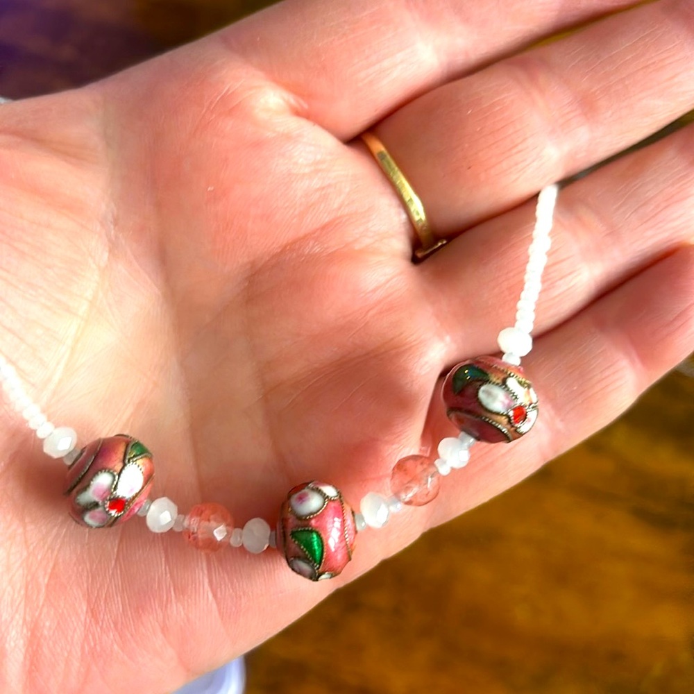 Cloisonné rose necklace. Frosted glassss beads. Sterling clasp.